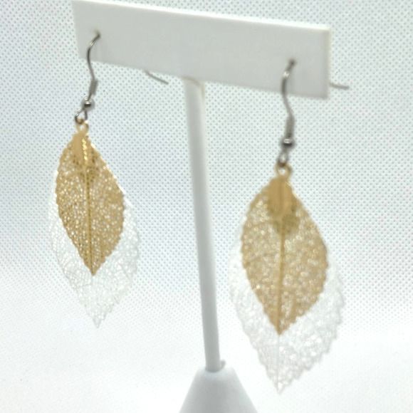 BOHO LEAF EARRINGS DROP EARRINGS NEW DOUBLE LEAF GOLD SILVER FAST SHIP! - Picture 3 of 7